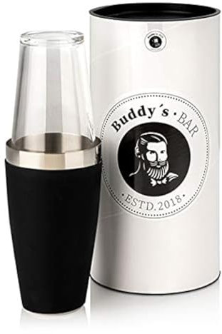 Buddy´s Bar - Boston Shaker, tazza da 700 ml + vetro da 400 ml, per alimenti, lavabile in lavastoviglie, elegante shaker da cocktail con confezione regalo, nero gommato