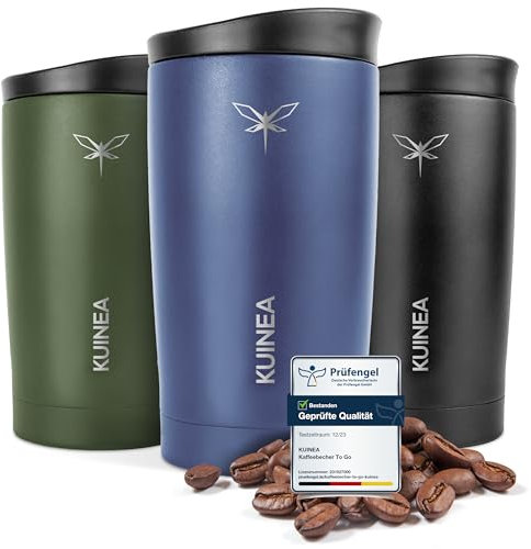 KUINEA Kaffeebecher To Go 350ml [100% auslaufsicher] Edelstahl Thermobecher Kaffee, bis 6h warm, Coffee To Go Becher mit hygienischem Spezial-Verschluss, Travel Mug für Kaffee & Tee, BPA-frei, blau