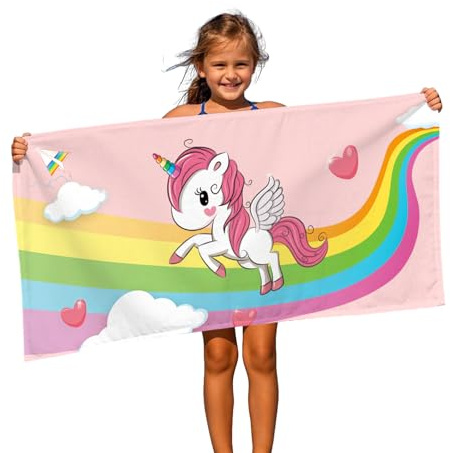 FEELJAM Telo mare Unicorno 70 x 140 cm Asciugamano da spiaggia per bambini, asciugamano da bagno per ragazze Teli mare- Ponte Arcobaleno e Unicorno