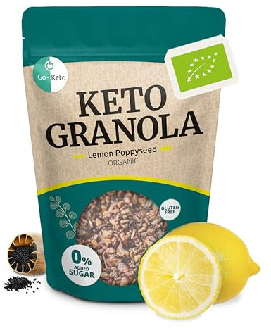 Go-Keto BIO Keto Granola Lemon Poppyseed 290g - LowCarb Keto Muesli para un delicioso desayuno keto, con chips de coco, nueces, frutas, semillas de girasol y de calabaza, vegano, sin gluten