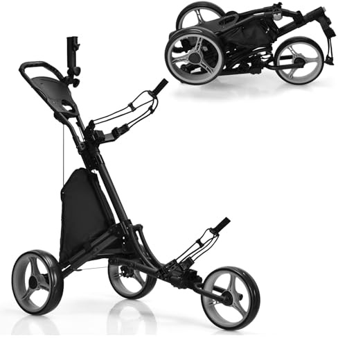 LIFEZEAL Chariot de Golf Pliable à 3 Roues avec Frein, Hauteur Réglable en 3 Positions, Voiturette Golf avec Porte-Parasol, Porte-Bouteille, Sac de Rangement (Gris)