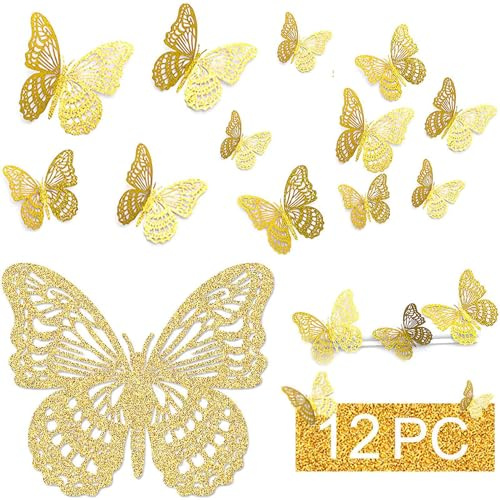 3D Butterfly Wall Decor 3 Sizes, Kurilai Flash 12Pcs Butterfly Decorations Party Birthday Cake Decoration, Removable Shiny Wall Stickers for Kids Nursery Wedding Bedroom Room Decor (Gold)