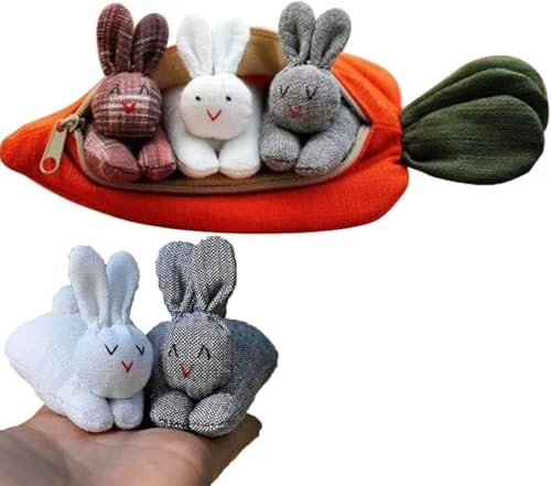 shyhand Easter Bunny Stuffed Animal Hide-and-Seek Three Bunnies in Carrot Pouch Easter Bunny Plush Hidden Bunny Rabbit Doll Zip Up Carrot Bunny Purse Easter Toy for Kids