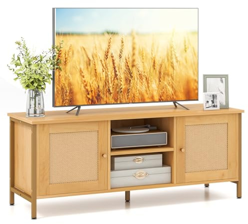 COSTWAY TV Stand Cabinet for 55 Inch TVs, Wooden Media Entertainment Center with Rattan Effect Doors and Storage Shelves, 5 Metal Legs TV Unit Console Table for Living Room Bedroom (Natural+Gold)