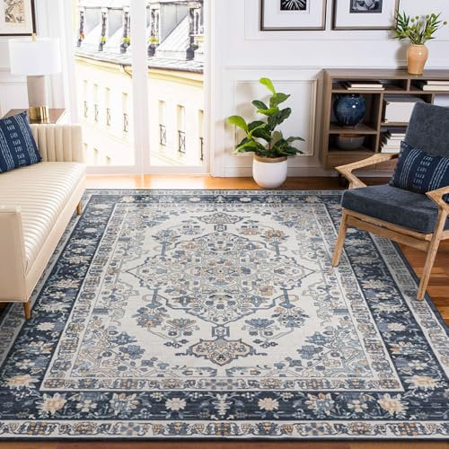 TALETA Teppich Wohnzimmer, Waschbarer Orientalisch Vintage Kurzflor für Wohnzimmer, Esszimmer, Schlafzimmer - Navy Blau, 120 x 170cm