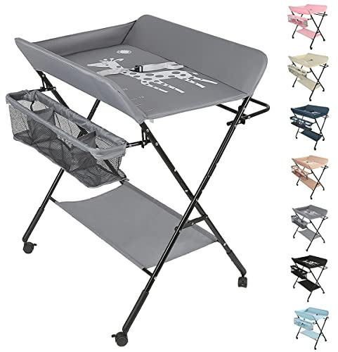 OHMG Fasciatoio Pieghevole Fasciatoio Portatile con Cintura di Sicurezza e Scomparti Portaoggetti,Tavolo Cambio Pannolini Multifunzionale Portatile per Bagnetto Neonati,4 ruotes