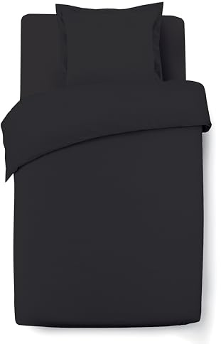 Vision Wende-Bettwäsche, 100 % Baumwolle, für Einzelbett, Schwarz, 1 Bettbezug (140 x 200 cm) + 1 Kissenbezug (65 x 65 cm), 57 Fäden/cm², weich, strapazierfähig und bequem, Öko-Tex zertifiziert