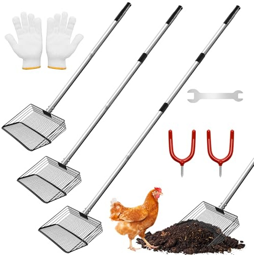 Windspeed 3 in 1 Metal Chicken Poop Scooper, 10 Inch Adjustable Chicken Coop Pooper Scoop Sifting Shovel Litter for Poultry Litter Scooper Supplies (34-61 in)