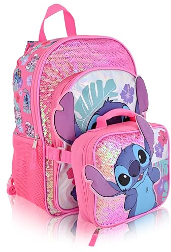 Disney Lilo and Stitch Backpack With Lunch Box for Girls with Glitter | Sequined Insulated Lunch Bag Lunch Box for Girls, Boys, Toddlers | Stitch Pink Backpack for School and Reusable Lunchbox