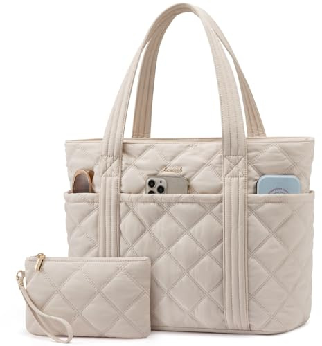 LOVEVOOK Handtasche Damen Shopper Tasche Groß, Leicht Puffer Tote Bag Arbeitstasche Schultasche, 17,3 Zoll Laptoptasche Lehrertasche Handbags Women für Uni Büro Arbeit Reisen, Beige