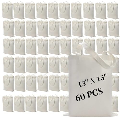 60 Pack Sublimation Tote Bags Blank Canvas Reusable Polyester Grocery Bags for Heat Transfer Vinyl DIY Crafting White, 13x15 Inch