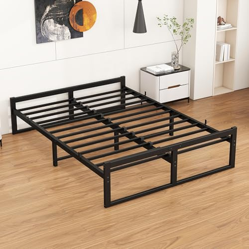VECOCHO Säng 160 X 200 CM Med Ribbotten, Sängram Av Metall Med Stållattstöd, Svart, 48 CM Höjd, Ungdomssäng, Med Förvaring, Dubbelsäng, Ingen Resårsäng