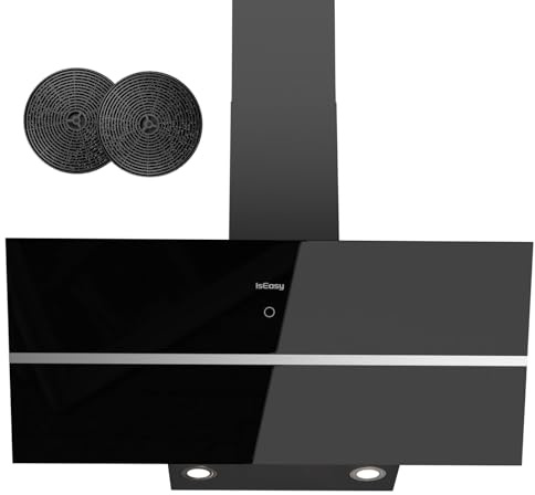 Hottes Aspirantes 90cm, IsEasy Hotte de Cuisine Inclinée, 578m³/h, Classe A++, 1-4 Vitesses, 58 dB, 2×1.5W Lumières LED, Fonction D'arrêt Différé, Minuteur, Évacuation ou Recyclage