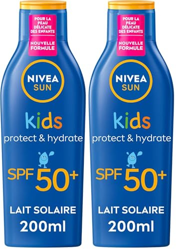 NIVEA SUN Lait Solaire Protect & Hydrate Kids SPF 50+ 200 ml — Crème Solaire résistante à l'eau — Haute Protection Visage et Corps pour la peau délicate des Enfants (Lot de 2)