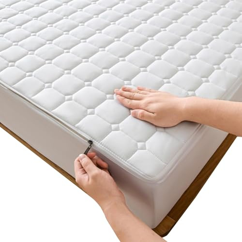 Coprimaterasso con Cerniera Fodera Materasso Matrimoniale/Singolo 160x190/200 Personalizzabile Copri Proteggi Materasso Trapuntato Lavabile Imbottito Lenzuolo(Bianco,90x200x15cm)