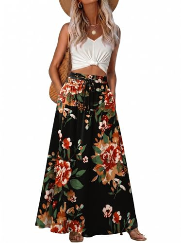 GRECERELLE Damkjol, sommar, långa boho-kjolar, A-linje, sommarkjol, elegant maxikjol, strandklänningar, lång flytande kjol med ficka, lätt och luftig, L