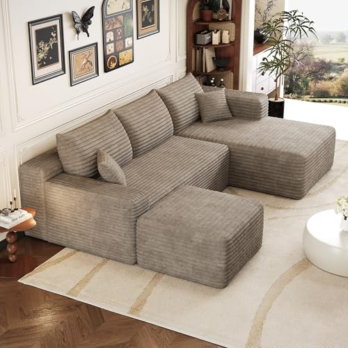 Yihomfy Canapé d'angle Convertible en U, 239 cm Moderne canapé compressé avec méridienne en L et Pouf, Canapé d Angle modulaire 5 Places à Assise Profonde pour Salon(Camel, Angle à Droite)