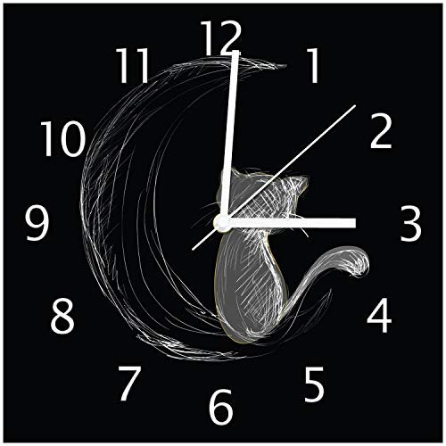 Wallario Design-Wanduhr Katze sitzt auf dem Mond - illustriert in weiß auf schwarz aus Glas, Motiv-Uhr Größe 30 x 30 cm, weiße Zeiger