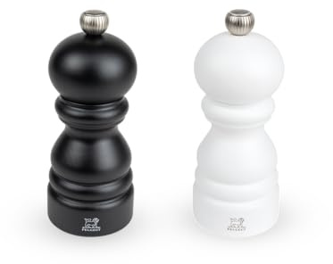 Peugeot - Duo Paris - Pepper Mill + Salt Mill 12 cm - Classic Setting - Updated Wood with PEFC Seal - French Production - Colours Black & White