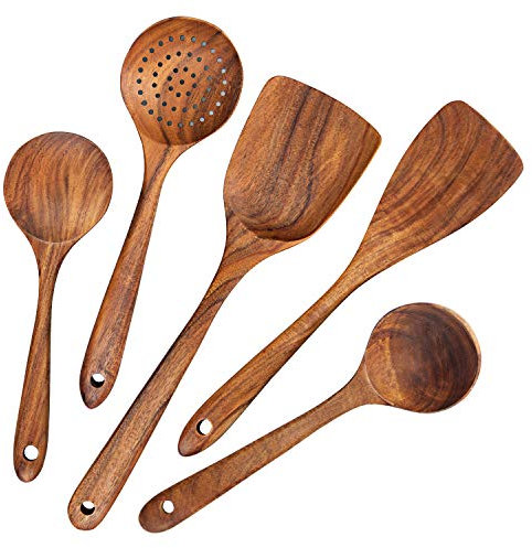 AOOSY Ustensiles de Cuisine,5 pcs Ensemble d'ustensiles de cuisine japonais en bois Outils Ensembles d'ustensiles résistant à la chaleur sans égratignures
