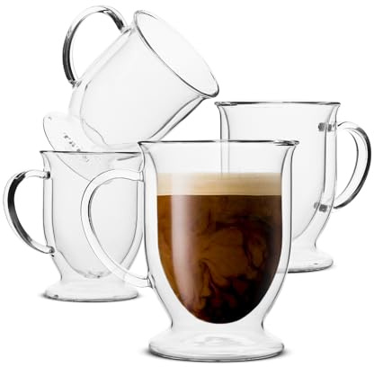 BTaT- Double Walled Glass Coffee Mugs, 12 oz, Set of 4, Glass Coffee Cups with Handle, Insulated Clear Coffee Mug for Hot and Cold Beverages, Cappuccino, Latte, Tea, Americano, Microwave Safe