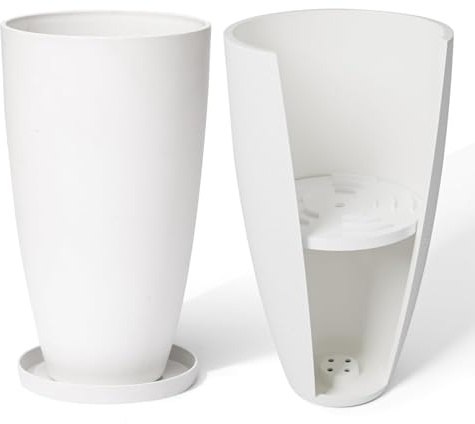 LA Jolie Muse Tall White Planters Set of 2,20 Inch Indoor/Outdoor Round Planters with Shelf Inset,Modern Large Planters with Drainage Holes for Front Door,Balcony and Patio Deck