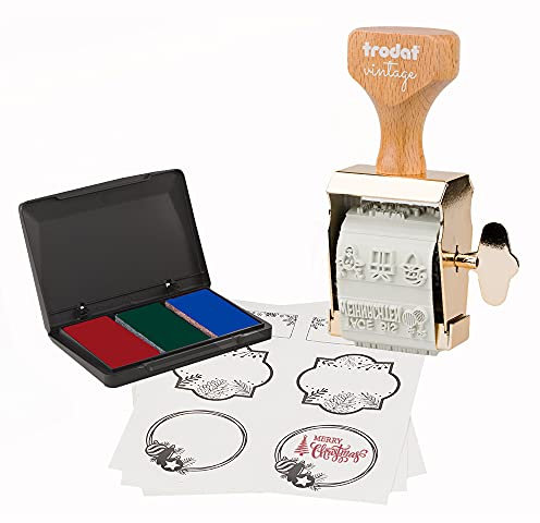 Trodat Vintage Weihnachts-Edition zum weihnachtlichen Gestalten – 6 Abdruckmotive, Deutsch, Kreativstempel in vintage Optik inkl. Stempelkissen in Rot, Grün, Blau, 30x5 mm, 12 Etiketten in 3 Designs