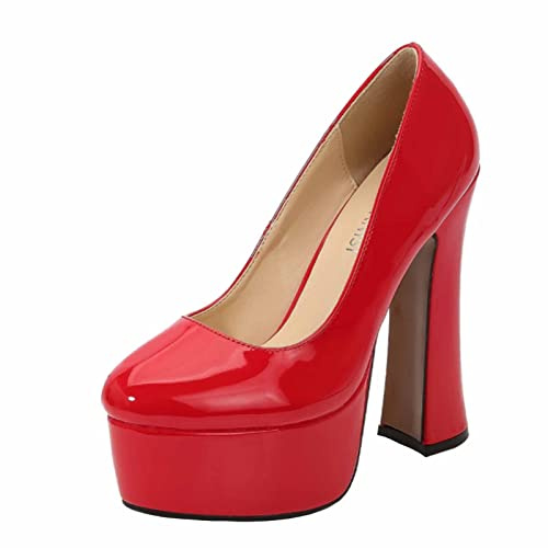 Tacchi Alti da Donna, 14 CM Tacco Spesso Donna Slip on Décolleté A Spillo Scarpe con Punta Chiusa Scarpe con Plateau E Tacco Alto Taglie Forti Unisex,Rosso,46 EU