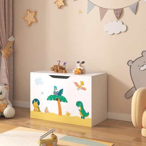[en.casa] Juguetero para niños Baúl con Motivo Dinosaurio Banco Caja de Almacenamiento con Tapa máx. 70 kg Aglomerado 40 x 60 x 30 cm - Blanco y Verde/Amarillo