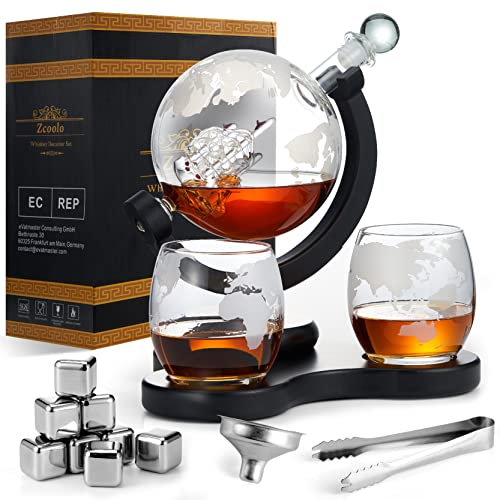 Zcoolo Carafe à Whisky Globe Set 850ml,avec 2 Verres Globe Gravés, Entonnoir en Acier Inoxydable et 8 Pierres à Whisky en Acier Inoxydable,Cadeau Anniversaire Fête des Pères pour Homme (A-850ML)