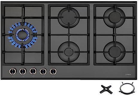 Phönix PG-901LT Plaque de cuisson à gaz encastrée en verre 5 plaques de cuisson autoalimentées (plaque de cuisson à gaz autoportante/encastrée) avec embout WOK + croix de cuisinière à gaz