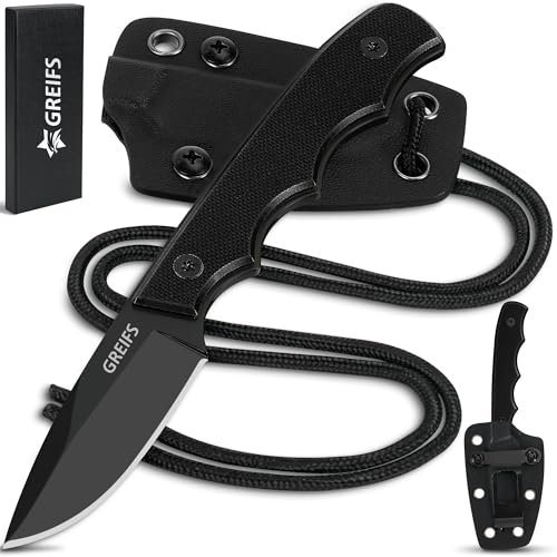 GREIFS® Neck Knife Messer NEXUS mit Kydex Scheide, Clip+Paracord zum Umhängen oder Einstecken, Tactical Survival EDC Outdoor Messer versteckt Tragen - Legal in Deutschland - 42a konform (Full Black)