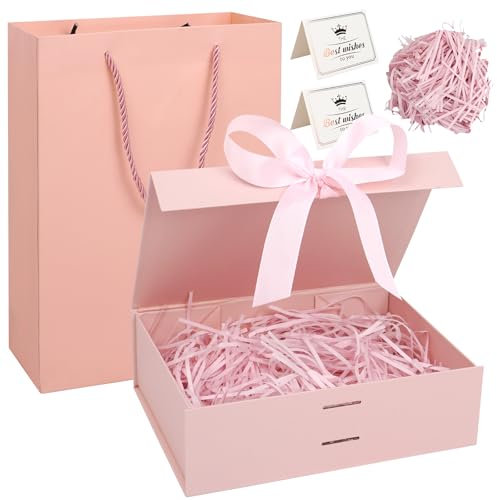 Realjoy Boite a Cadeau avec Couvercle,23 x 17 x 7cm Boîte Cadeau Vide Pliable,Boite Cadeau avec Noeud,Cartes de Vœux et Raphia pour Mariages,Anniversaires,Saint-Valentin et Noël（Rose）