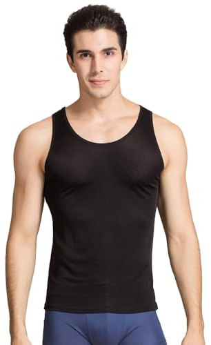 BrightGlow Débardeur en soie pour homme - Sans manches - Shapewear - Maillot de corps de sport sans manches - T-shirt de compression sans manches avec col rond - T-shirt de sport pour homme, Noir ,