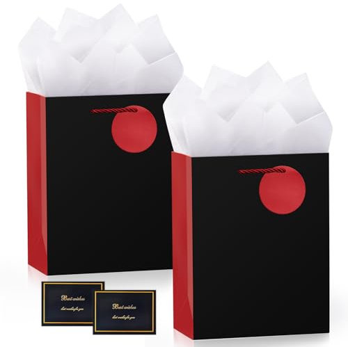 BBLIKE Geschenktüten mit Henkel - 2 Geschenktasche + 2 Grußkarten + 4 Sydney Paper,Schwarz Geschenkverpackung für Hochzeit,Geschenk, Geburtstag,Feier