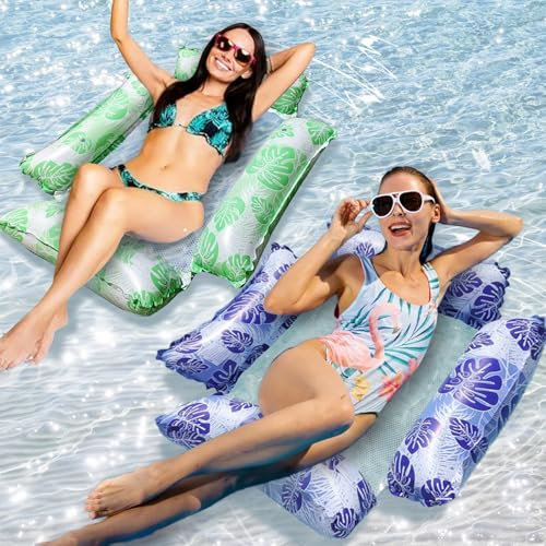 Flotteur Gonflable Piscine 4 en 1, 2 Pièces Flottantes Hamac, 4 en 1 Matelas Piscine Gonflable Bouée, Hamac Gonflable 4 in 1, Hamac à Eau 4 en 1, Hamac Flottant Piscine 4 en 1, pour Partie(Bleu+Vert)