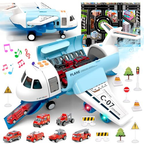 19 In 1 Flugzeug Spielzeug,Auto Transport Spielzeug Flugzeug,Transport Spielset mit Rauch, Licht und Sound,Geschenk für Kinderspielzeug