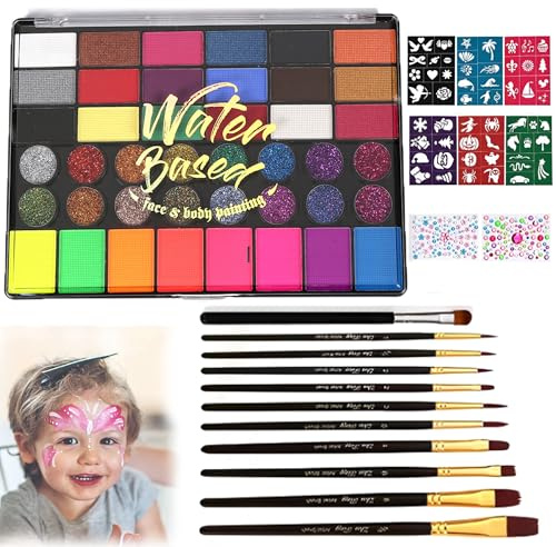 SYXLS Conjuntos de Pintura Facial y Corporal, 42 Colores de Pintura Facial, Maquillaje Infantil, Incluidos 10 Cepillos y 6 Pegatinas, Fáciles de Colorear y Limpiar, Adecuados Para Fiestas de Carnaval