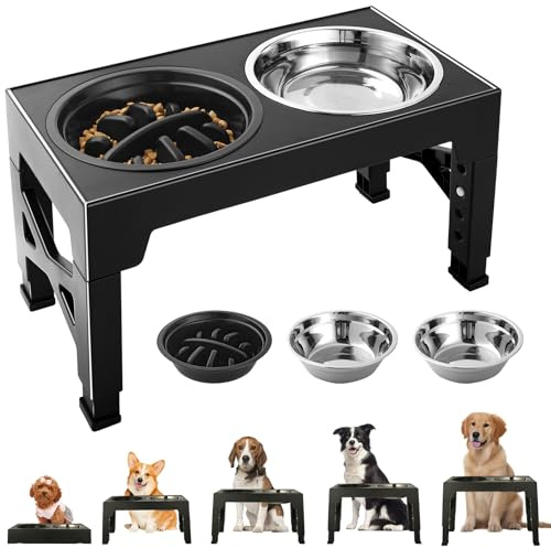 Comedero Perro Elevado y Ajustable - 2 Cuencos de Acero Inoxidable (1200ml) + 1 Comedero Lento (800ml) - Base Antideslizante para Perros Medianos/Grandes
