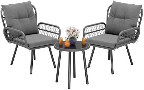 Blishom Juego de 3 Muebles de Jardín para Exterior, de Ratán Tejido a Mano, con 2 Sillas y Mesa, Tablero de Cristal y Cojines Cómodos, para Jardín, Balcón y Patio, 69×64×83cm (Gris)