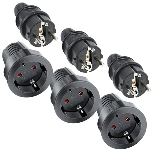AXFEE 2 Pezzi Spina Schuko 250V 16A, 1 Spina + 1 Presa, Spina Schuko Volante In Gomma, IP44, con Protezione Antipiega della Coppia, Spina Esterna Maschio e Femmina, per Cavi Interni ed Esterni - Nero