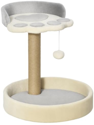 PawHut Árbol Rascador para Gatos 2 Camas Poste de Yute 44 cm Gris Claro | Árbol para Gatos, Torre de Escalada, Juguete Colgante