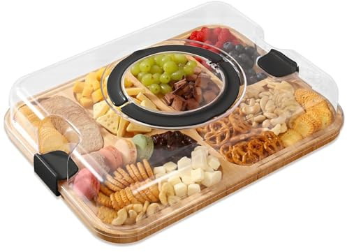 Peosaard Charcuterie-brädor med lock, träbräda med lock, bambubrädor med klara handtag, 6 fack serveringsbricka för kök mat mellanmål, bräda
