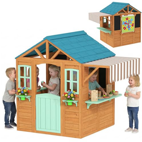 AIYAPLAY Casetta da Giardino per Bambini in Legno Abete, Casetta per Bambini Esterno, Finestra, Snack Bar, Mezza Porta, Portavasi, Telo Bersaglio, 4 Palline, Lavagna, 3-6 Anni, 142x120x141.5cm, Giallo