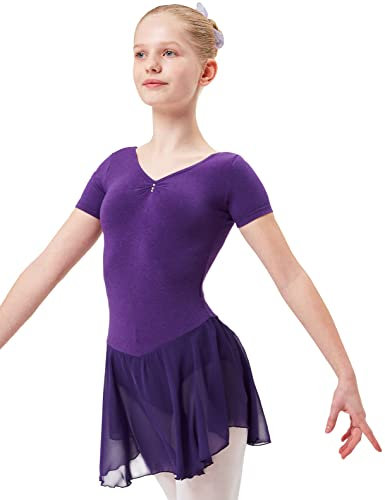 tanzmuster ® Ballettkleid Mädchen Kurzarm - Betty - aus Baumwolle mit Glitzersteinen und Chiffon Röckchen in lila, Größe:104/110