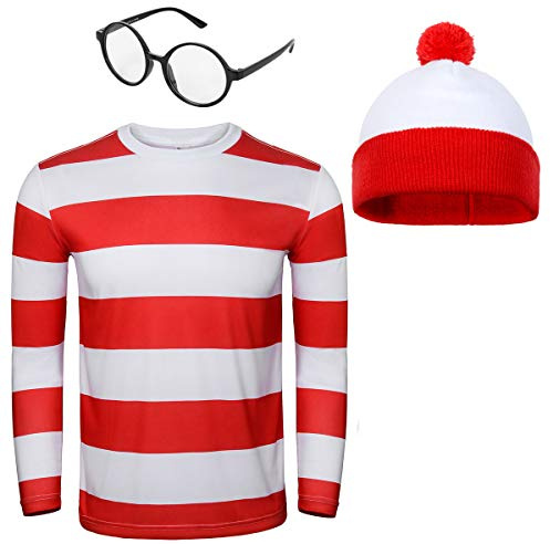 NUWIND T-Shirt à Rayures Rouge et Blanche Lunettes Beanie Bonnet Tricoté Chapeau Costume Outfit Suit Set Halloween Cosplay Props de Fête pour Hommes Adultes (XL)