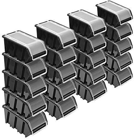 Stapelboxen Set – 20x Stapelbox mit Deckel 230x160x120 mm – Sichtbox Stapelbox Lagerbox, Schwarz