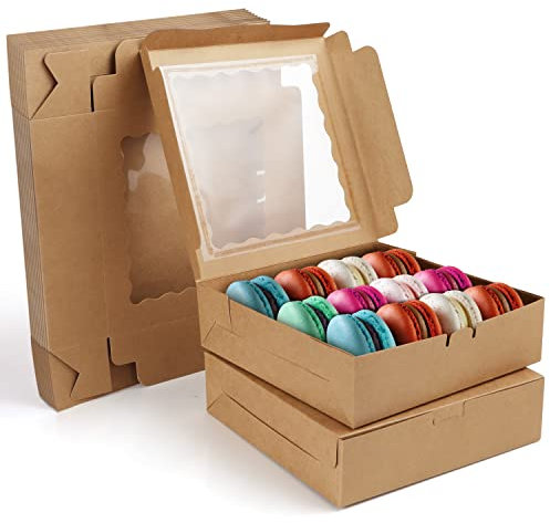BELLE VOUS Braune Kraftpapier Cupcake Transportbox Karton mit Sichtfenster (12 Stk) - 23 x 23 x 6,5 cm - Einwegverpackungsboxen - Für Kekse, Muffin, Torten, Pralinen Verpackung & Cupcake Box