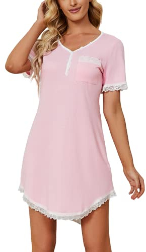 Yukiuiny Chemises de Nuit Femme Coton Dentelle Nuisette Robe de Nuit Courte T Shirt de Nuit Pyjama Casual Col V Sexy Maternité Allaitement Top Confortable Rose*Manche Courte S
