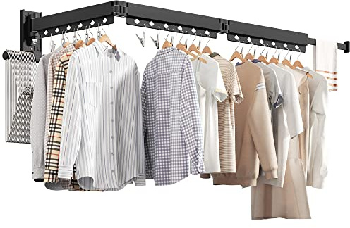 ZdwCyl Wall Mounted Clothes Hanger, Aluminum Clothes Drying Rack, Space Saver, Retractable, Windproof Holes, with Clips